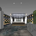 Modern Lounge Area Interior With Marble Counter Green Plants Suspended Ceiling And Glass Walls