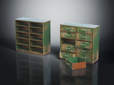 Vintage Green Hallway Cabinet And Side Cabinet With Shelves Drawers And Wooden Top 3d model
