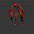 Red Robot Character In Dynamic Mechanical Action Pose With Flying Debris