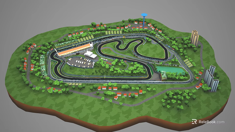 Curved Racing Track With Green Areas Trees Houses Tower And Small Pond In Scenic Layout 3d model 