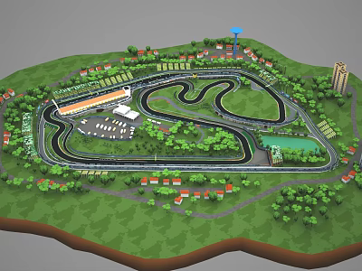 Curved Racing Track With Green Areas Trees Houses Tower And Small Pond In Scenic Layout 3d model