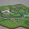 Curved Racing Track With Green Areas Trees Houses Tower And Small Pond In Scenic Layout