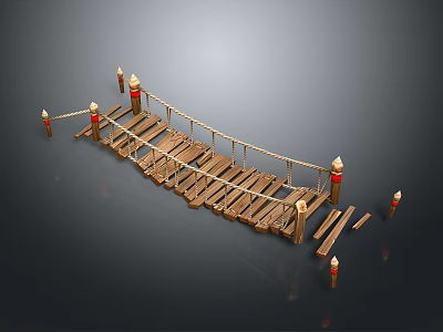Wooden Bridge Structure Design With Plank Flooring Rope Railings And Red Pillars 3d model