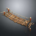 Wooden Bridge Structure Design With Plank Flooring Rope Railings And Red Pillars