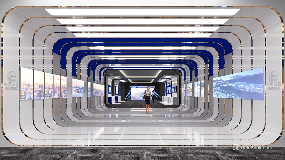Futuristic Indoor Corridor Design With Blue White Curved Lines Person Standing Digital Screens Bright Lighting 3d model 
