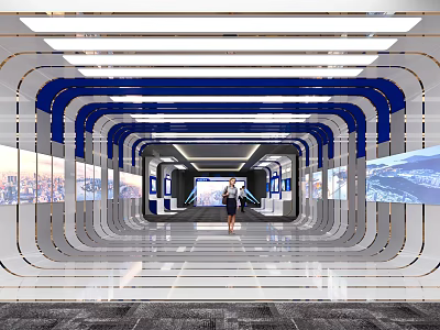 Futuristic Indoor Corridor Design With Blue White Curved Lines Person Standing Digital Screens Bright Lighting 3d model