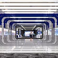 Futuristic Indoor Corridor Design With Blue White Curved Lines Person Standing Digital Screens Bright Lighting