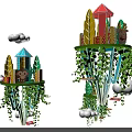Art Installation With Hanging Islands Colorful Buildings Animal Elements Green Vines And Cloud Decorations