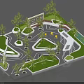 Park Landscape With Green Lawns Trees Winding Paths Yellow Benches And Central Plaza