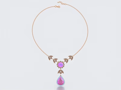Elegant Rose Gold Necklace with Pink Gemstone Leaf Decor and Teardrop Pendant Design 3d model