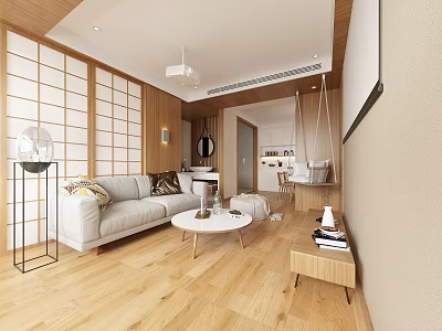 Modern Living Dining Room Interior With Shoji Screens Light Sofa Wooden Flooring And Coffee Table 3d model