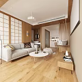 Modern Living Dining Room Interior With Shoji Screens Light Sofa Wooden Flooring And Coffee Table