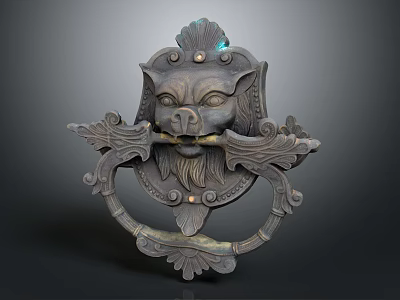 Antique Lion Head Door Knocker With Carved Ornaments And Gemstone Accents 3d model