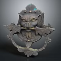 Antique Lion Head Door Knocker With Carved Ornaments And Gemstone Accents