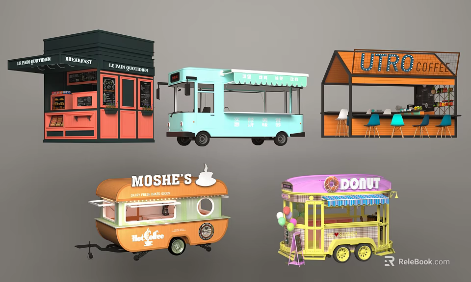 Colorful Mobile Food Carts With Various Designs For Street Food Vending 3d model 