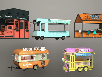 Colorful Mobile Food Carts With Various Designs For Street Food Vending 3d model