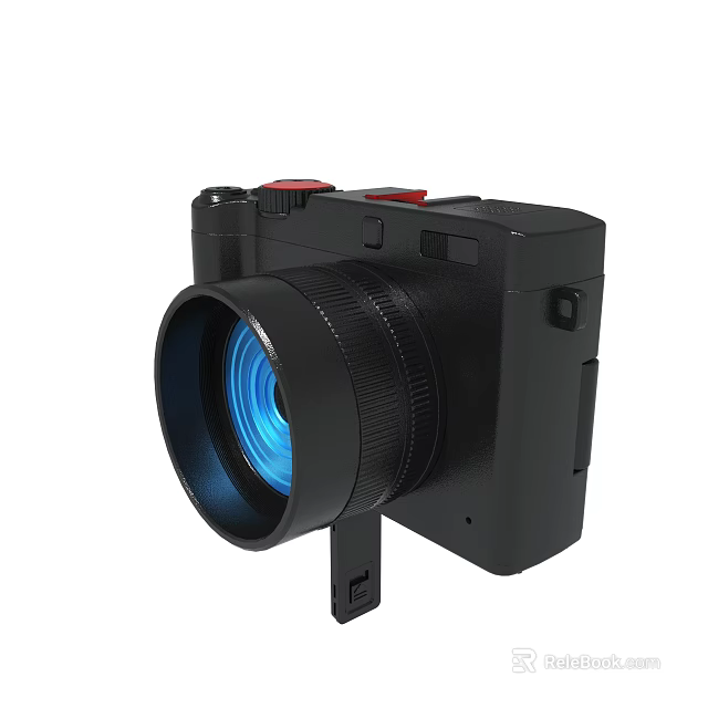 Black Camera With Red Buttons Blue Lens And Compact Retro Design 3d model 