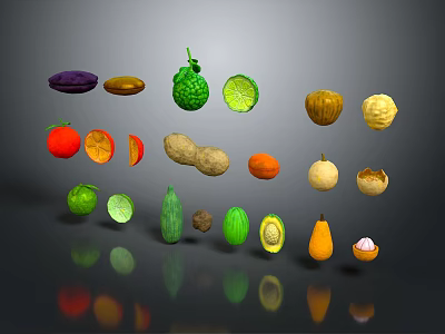 Various Fresh Colorful Fruits Including Avocado Lemon Orange And More With Reflections 3d model