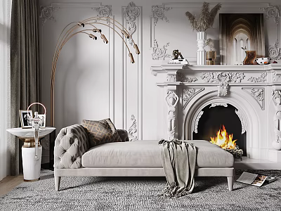 Luxurious Velvet Beige Chaise Lounge with Carved Wall Fireplace Floor Lamp and Throw Rug 3d model