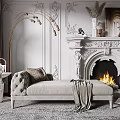 Luxurious Velvet Beige Chaise Lounge with Carved Wall Fireplace Floor Lamp and Throw Rug