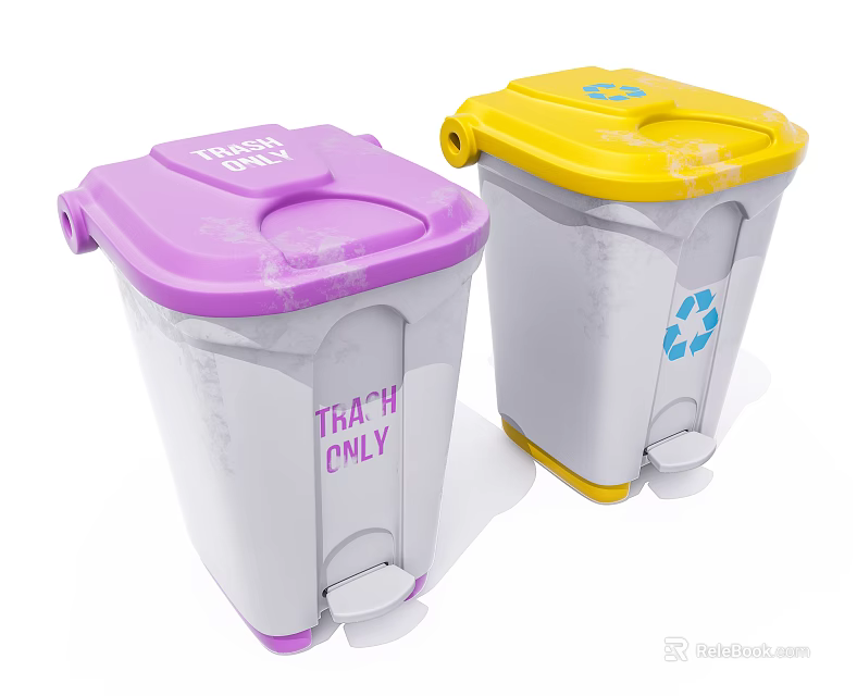 Public Facility Trash Bins Featuring Purple Lid Trash Only And Yellow Lid Recycle Symbol 3d model 