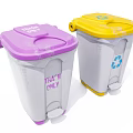 Public Facility Trash Bins Featuring Purple Lid Trash Only And Yellow Lid Recycle Symbol