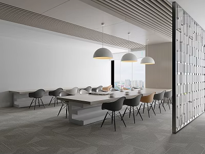 Modern Lounge Area With Long Table Chairs Pendant Lights Partition Wall And Window View Interior 3d model