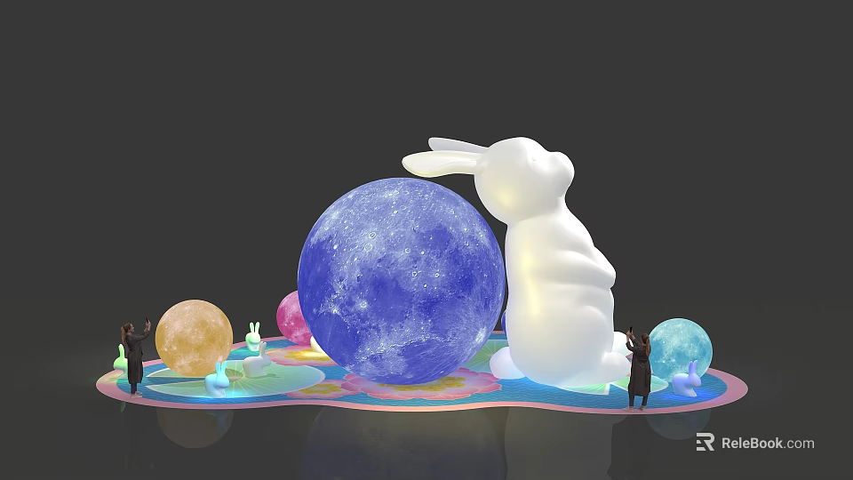 White Rabbit Sculpture With Blue Moon Sphere And Colorful Decorative Spheres 3d model 