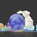 White Rabbit Sculpture With Blue Moon Sphere And Colorful Decorative Spheres