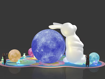 White Rabbit Sculpture With Blue Moon Sphere And Colorful Decorative Spheres 3d model