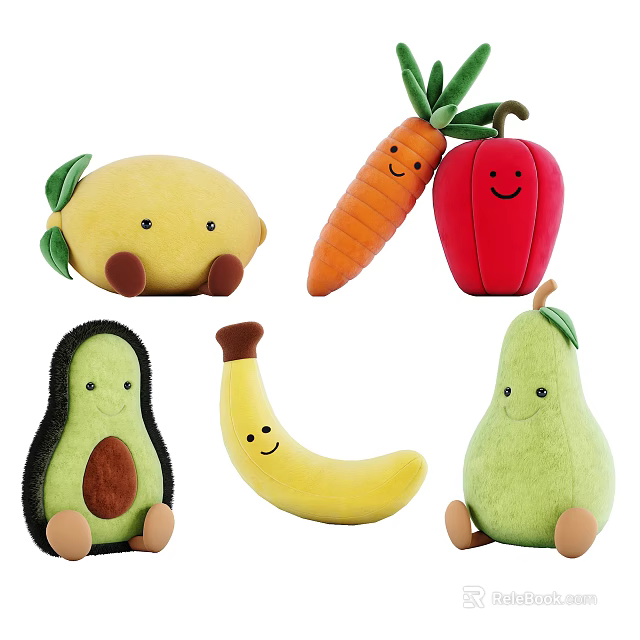 Cute Fruit Vegetable Plush Stuffed Dolls With Smiling Faces And Soft Design 3d model 