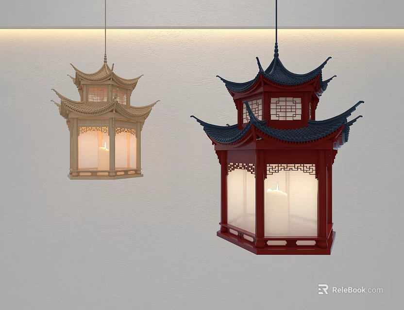 Traditional Chinese Pagoda Style Chandeliers With Multi Layered Roof Lattice Windows And Warm Lighting Design 3d model 