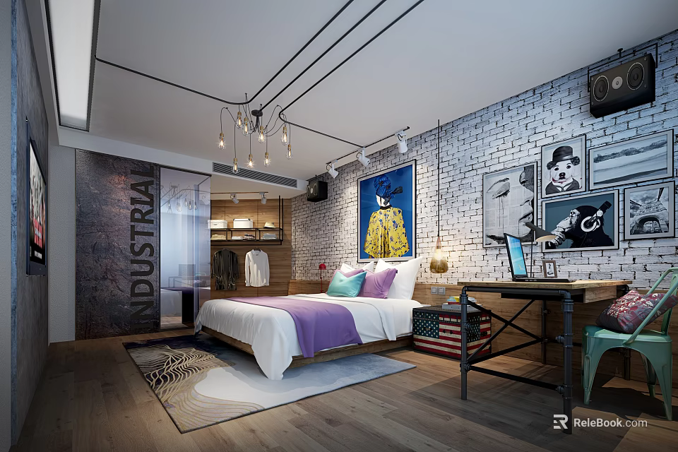 Industrial Style Hotel Room Interior with Brick Wall Purple Bedding Desk and Decorative Paintings 3d model 