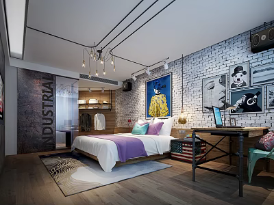 Industrial Style Hotel Room Interior with Brick Wall Purple Bedding Desk and Decorative Paintings 3d model