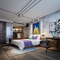 Industrial Style Hotel Room Interior with Brick Wall Purple Bedding Desk and Decorative Paintings