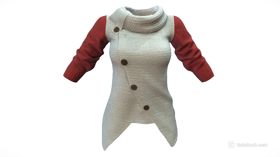 Knitted Turtleneck Sweater With Red Sleeves Beige Body Three Buttons Asymmetric Hem 3d model 