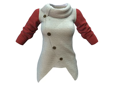 Knitted Turtleneck Sweater With Red Sleeves Beige Body Three Buttons Asymmetric Hem 3d model