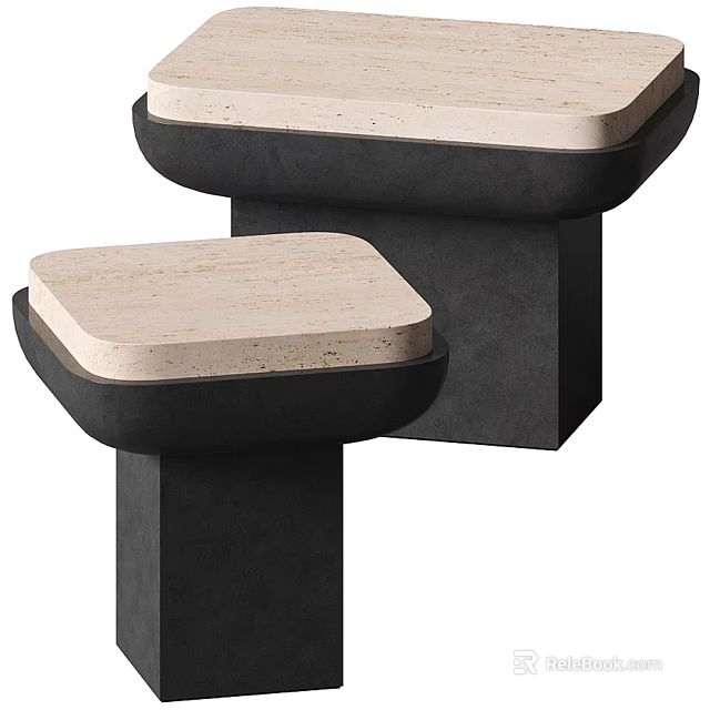 Modern Two Piece Coffee Table Set with Beige Stone Tops and Black Block Bases 3d model 