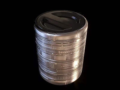 Silver Cylindrical Cup With Textured Pattern And Lid On Black Background 3d model