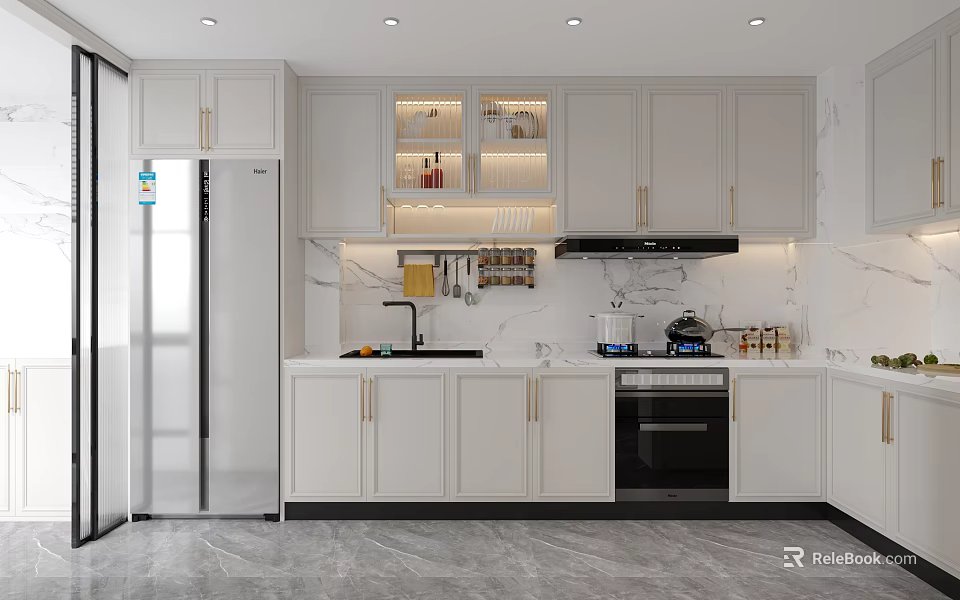 Modern Kitchen Interior With White Cabinets Marble Countertops Stainless Steel Refrigerator And Glass Door Cabinets 3d model 