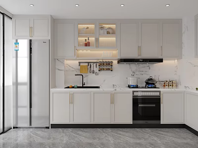 Modern Kitchen Interior With White Cabinets Marble Countertops Stainless Steel Refrigerator And Glass Door Cabinets 3d model