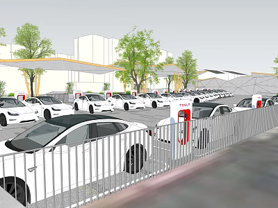 Large Electric Vehicle Charging Parking Lot With Multiple White Cars Charging Stations Trees And Buildings 3d model