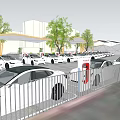 Large Electric Vehicle Charging Parking Lot With Multiple White Cars Charging Stations Trees And Buildings