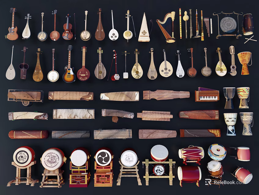 Various Musical Instruments And Art Supplies Collection With Strings Drums Brushes 3d model