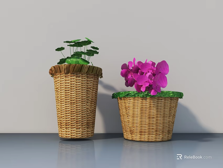 Potted Bonsai Plants in Wicker Baskets with Green Leaves and Purple Flowers on Indoor Tabletop 3d model 