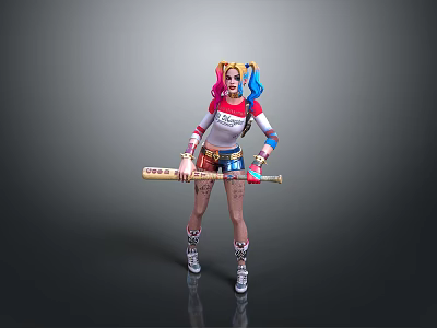 Colorful Haired Female Character With Blue Red Pigtails Holding Baseball Bat And Stylish Outfit 3d model