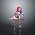 Colorful Haired Female Character With Blue Red Pigtails Holding Baseball Bat And Stylish Outfit