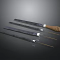 Set Of Kitchen Knives With Black Blades Wooden Handles And White Accents