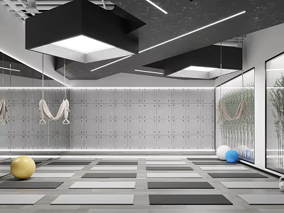 Modern Yoga Studio With Hammocks Yoga Mats Balls Geometric Pattern Walls And Windows With Plants 3d model
