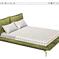Modern Green Upholstered Double Bed With Golden Legs White Checkered Mattress And Pillows